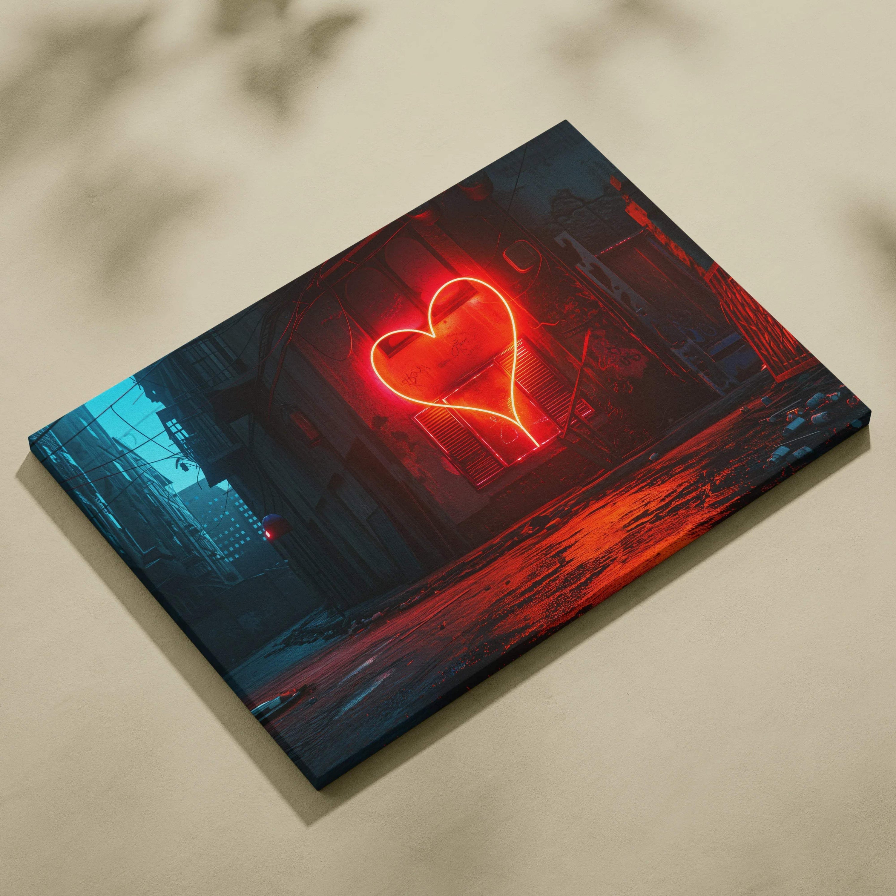 Canvas print of glowing red neon heart in moody noir cityscape