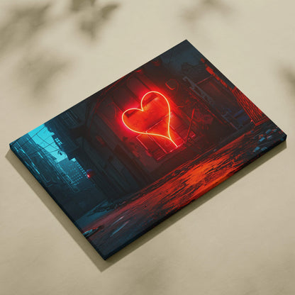 Canvas print of glowing red neon heart in moody noir cityscape