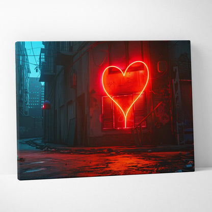 Red neon heart glowing in moody rainy city alleyway canvas art