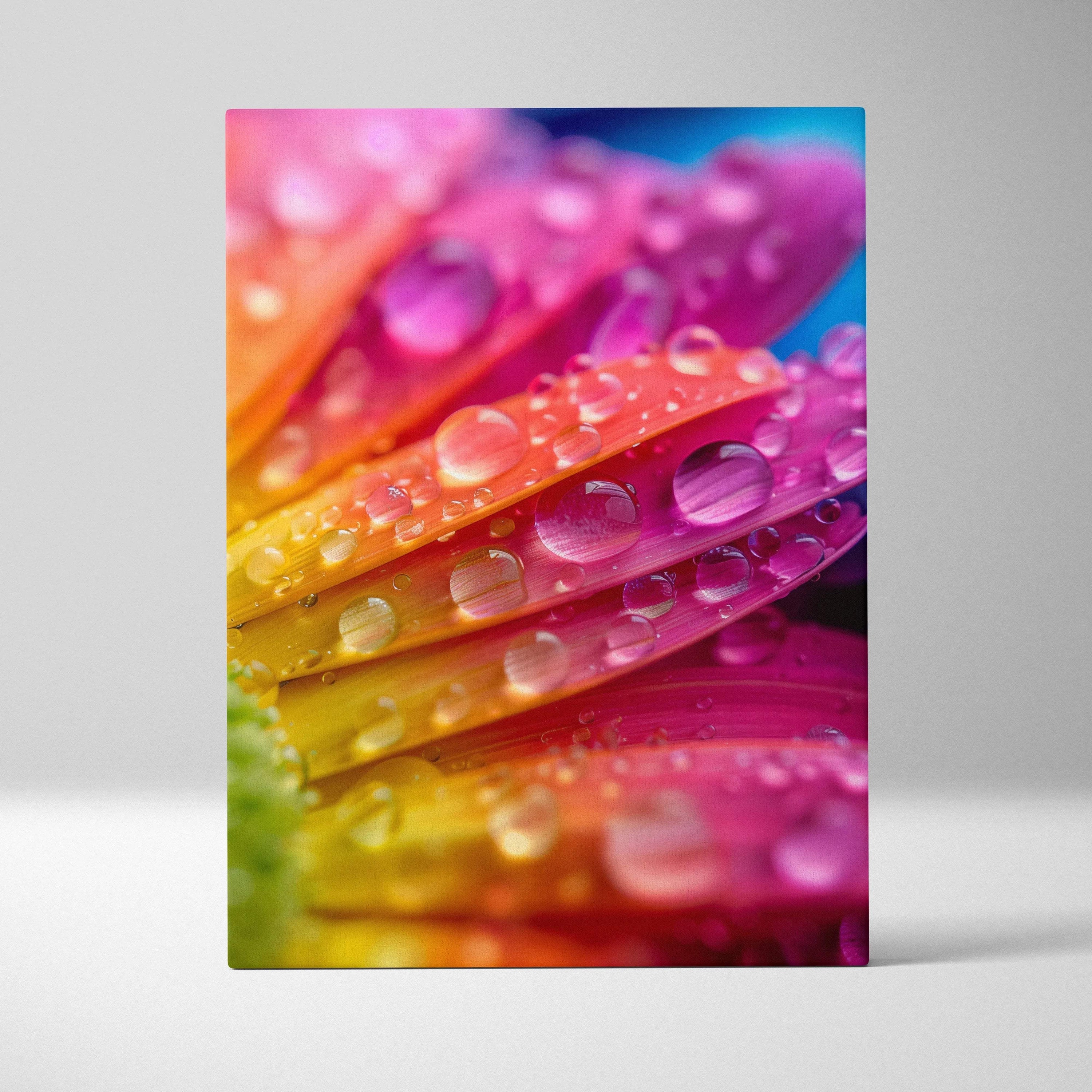 Vibrant rainbow flower petals canvas art with macro dew drops glow