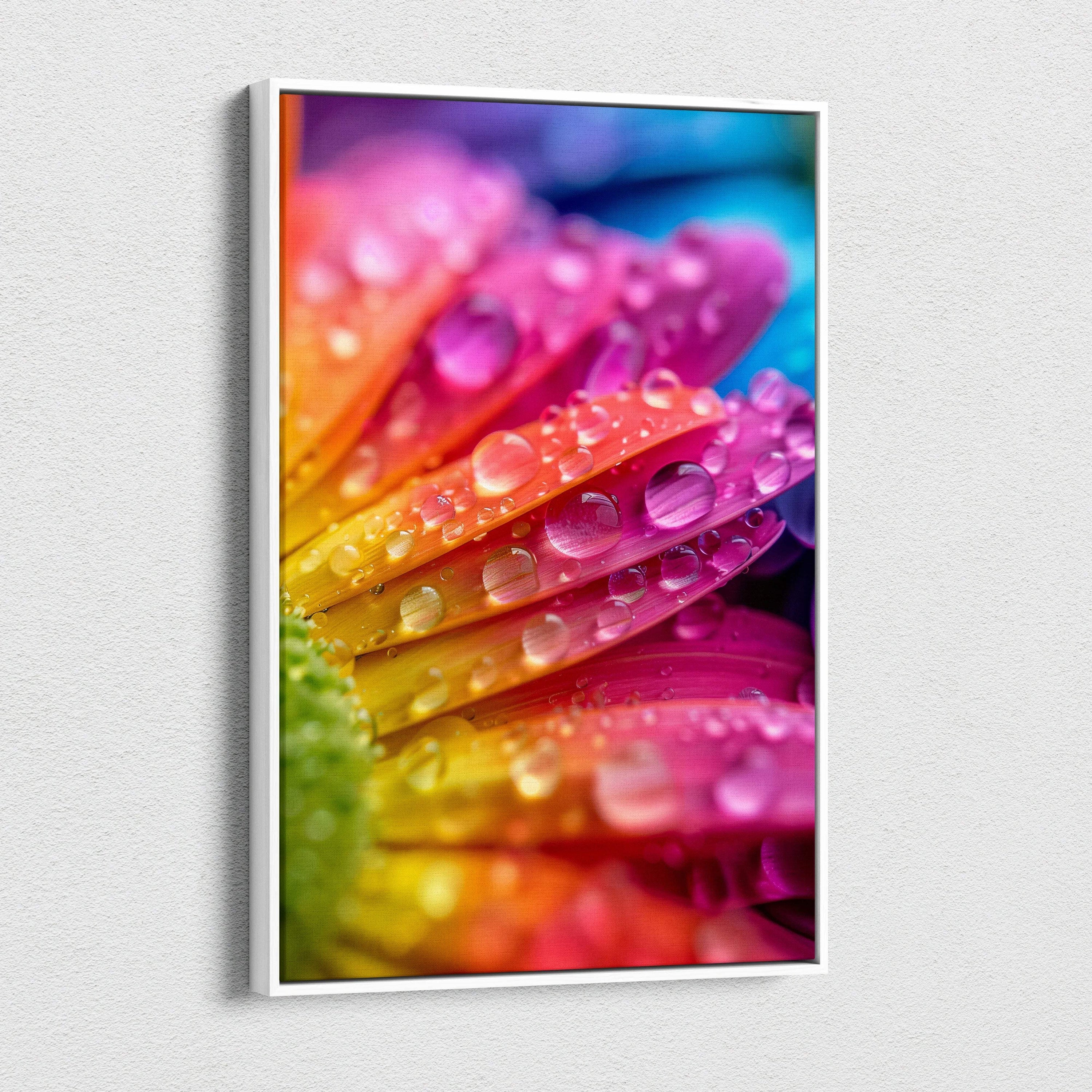Vibrant macro rainbow flower petals with dew drops in canvas wall art