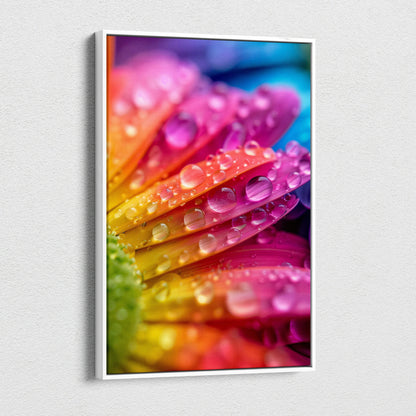 Vibrant macro rainbow flower petals with dew drops in canvas wall art