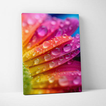 Vibrant canvas wall art of macro dew drops on rainbow flower petals glow
