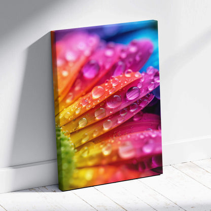 Vibrant canvas wall art of macro dew drops on rainbow flower petals glow