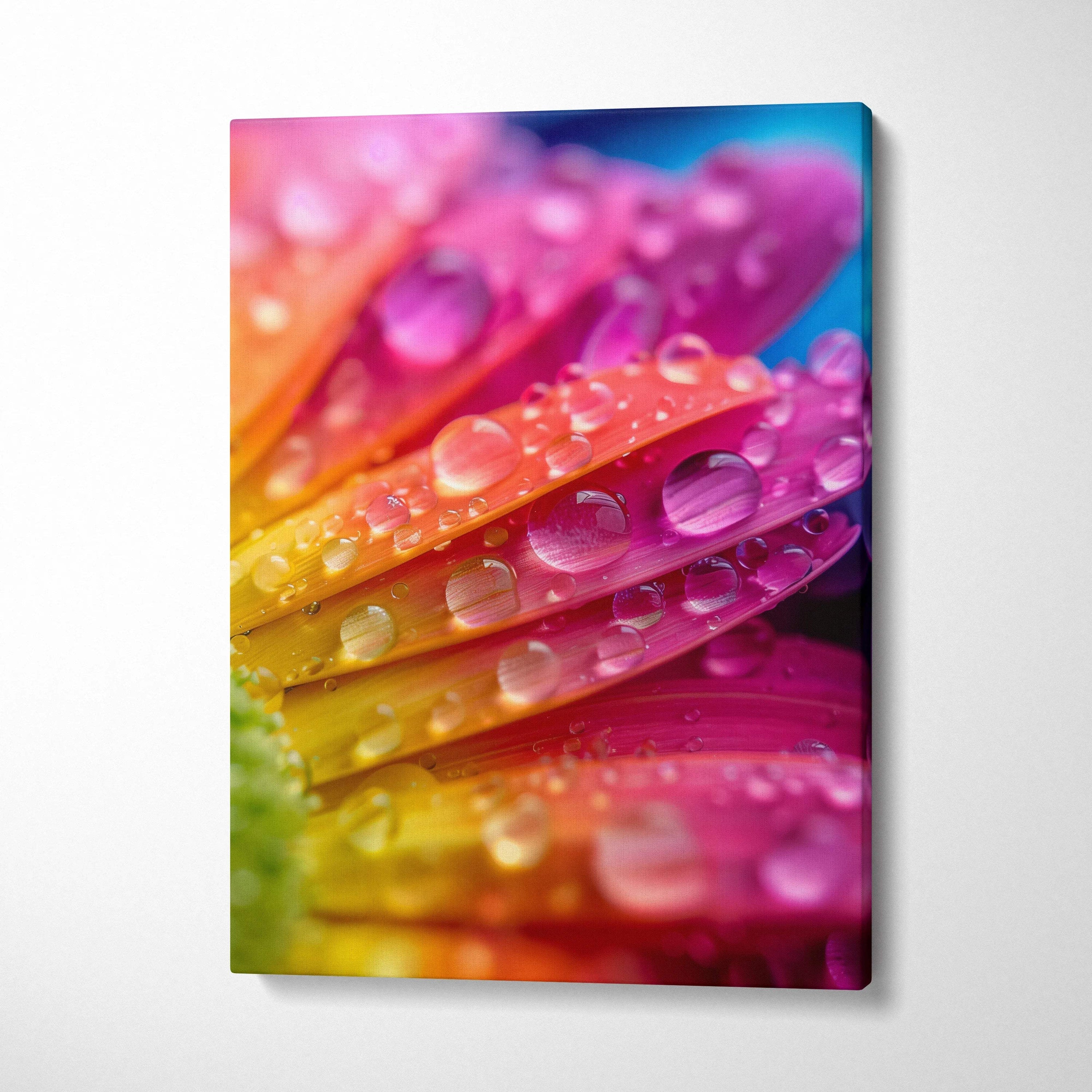 Vibrant canvas wall art of macro dewdrops on rainbow flower petals glow