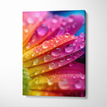 Vibrant canvas wall art of macro dewdrops on rainbow flower petals glow
