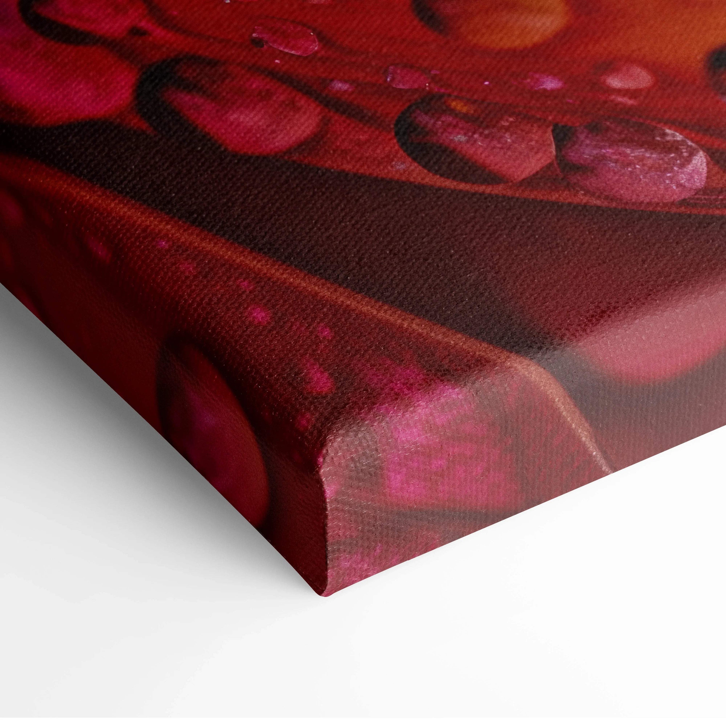 Vibrant red macro floral canvas wall art with rainbow droplets