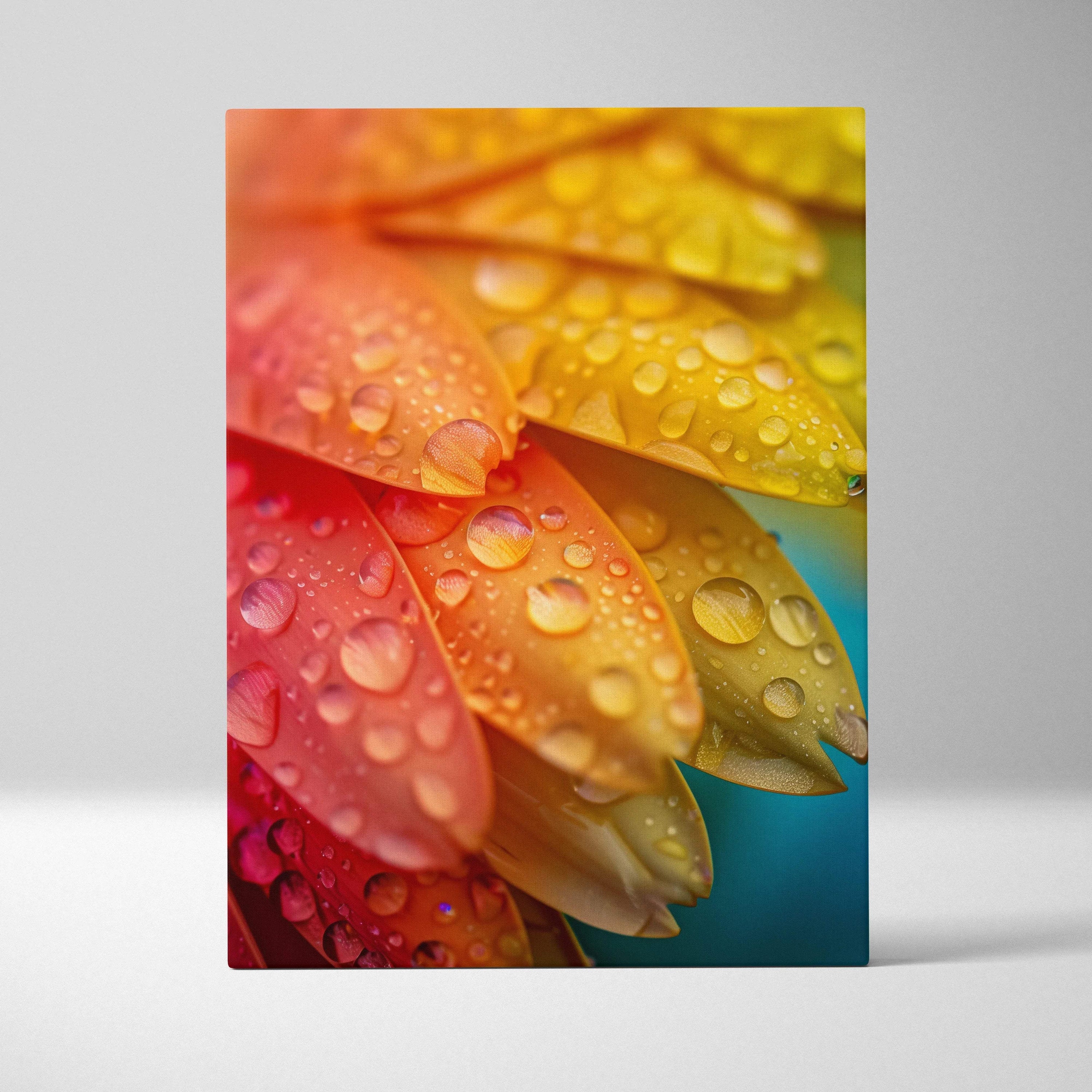 Vibrant macro floral canvas wall art with rainbow droplets, gradient red to yellow petals