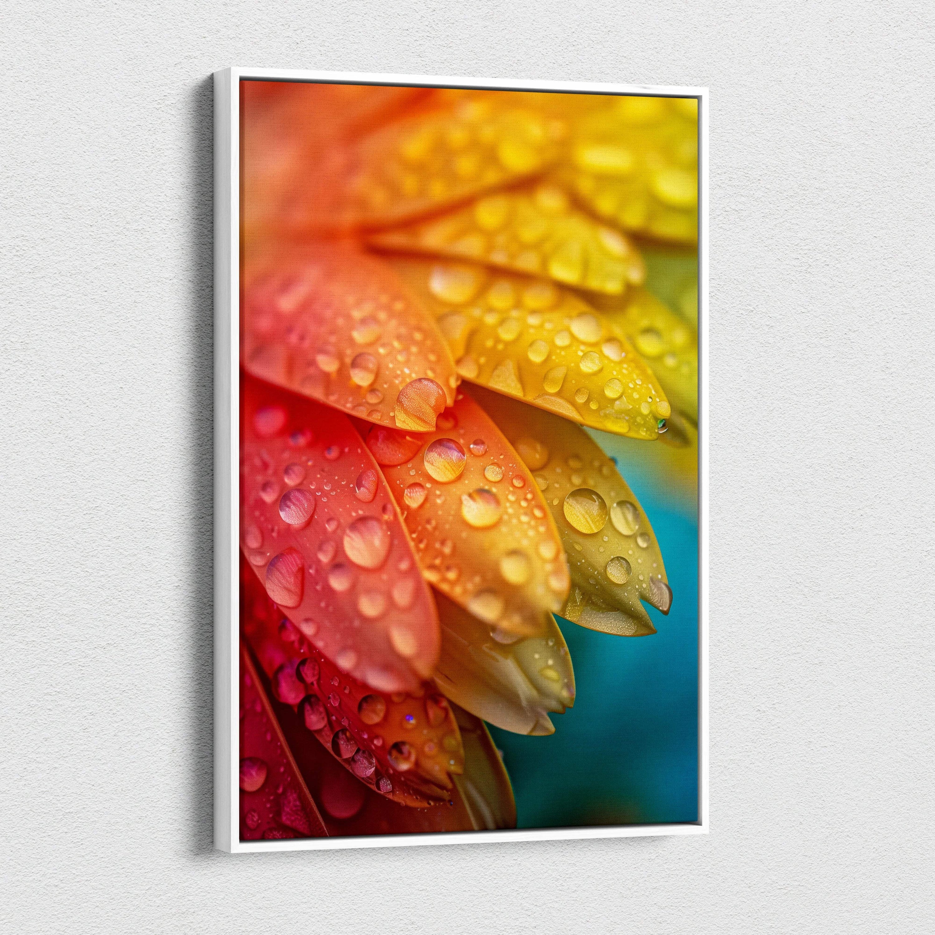 Vibrant canvas wall art of macro floral with rainbow droplets
