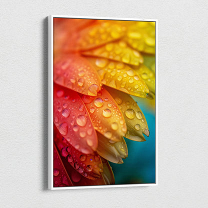 Vibrant canvas wall art of macro floral with rainbow droplets