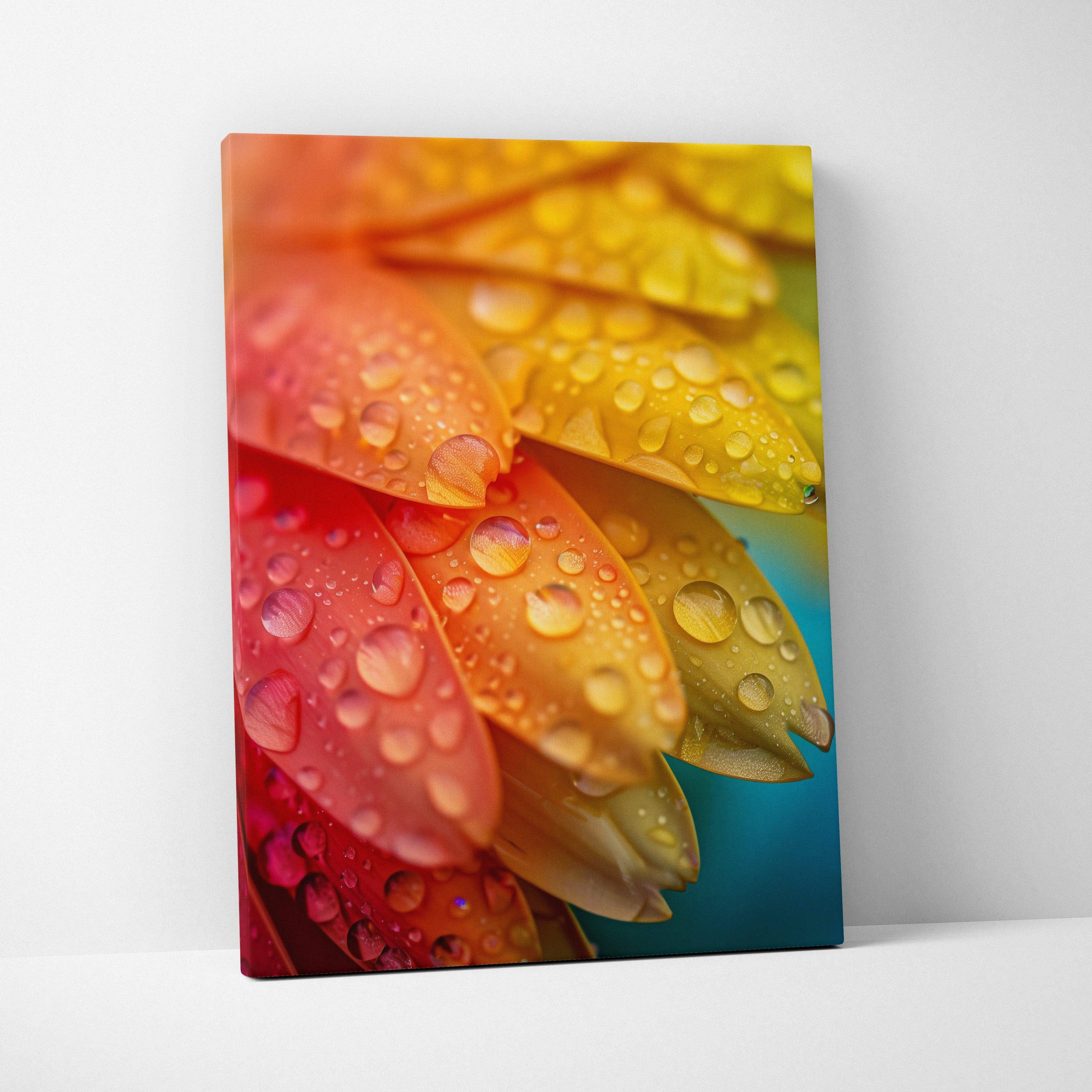 Vibrant macro floral canvas wall art with rainbow droplets in red orange yellow hues