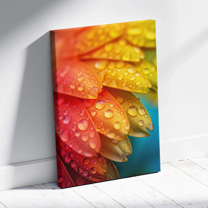 Vibrant canvas wall art macro floral with rainbow dew droplets