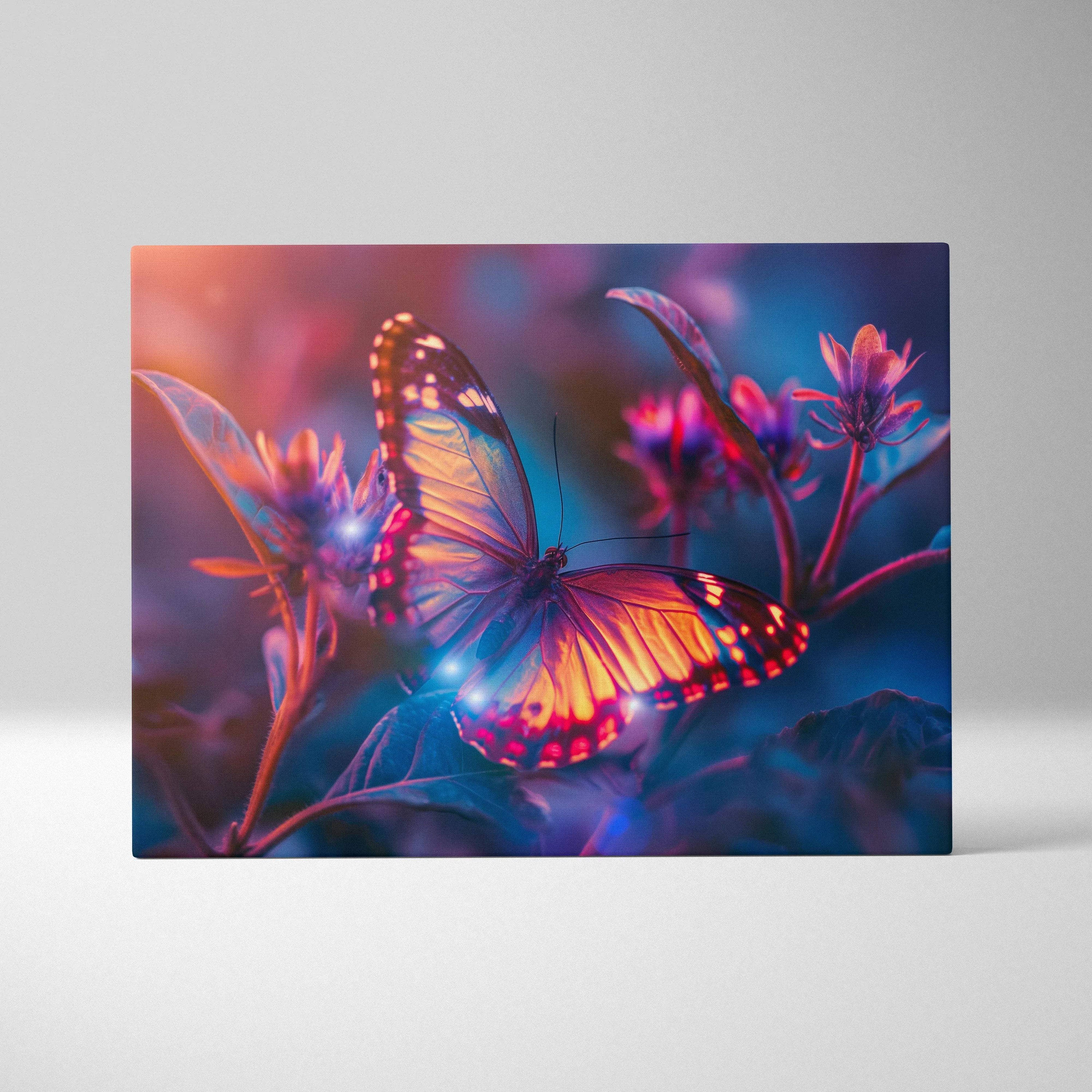 Vibrant orange purple glowing butterfly canvas wall art with neon floral backdrop