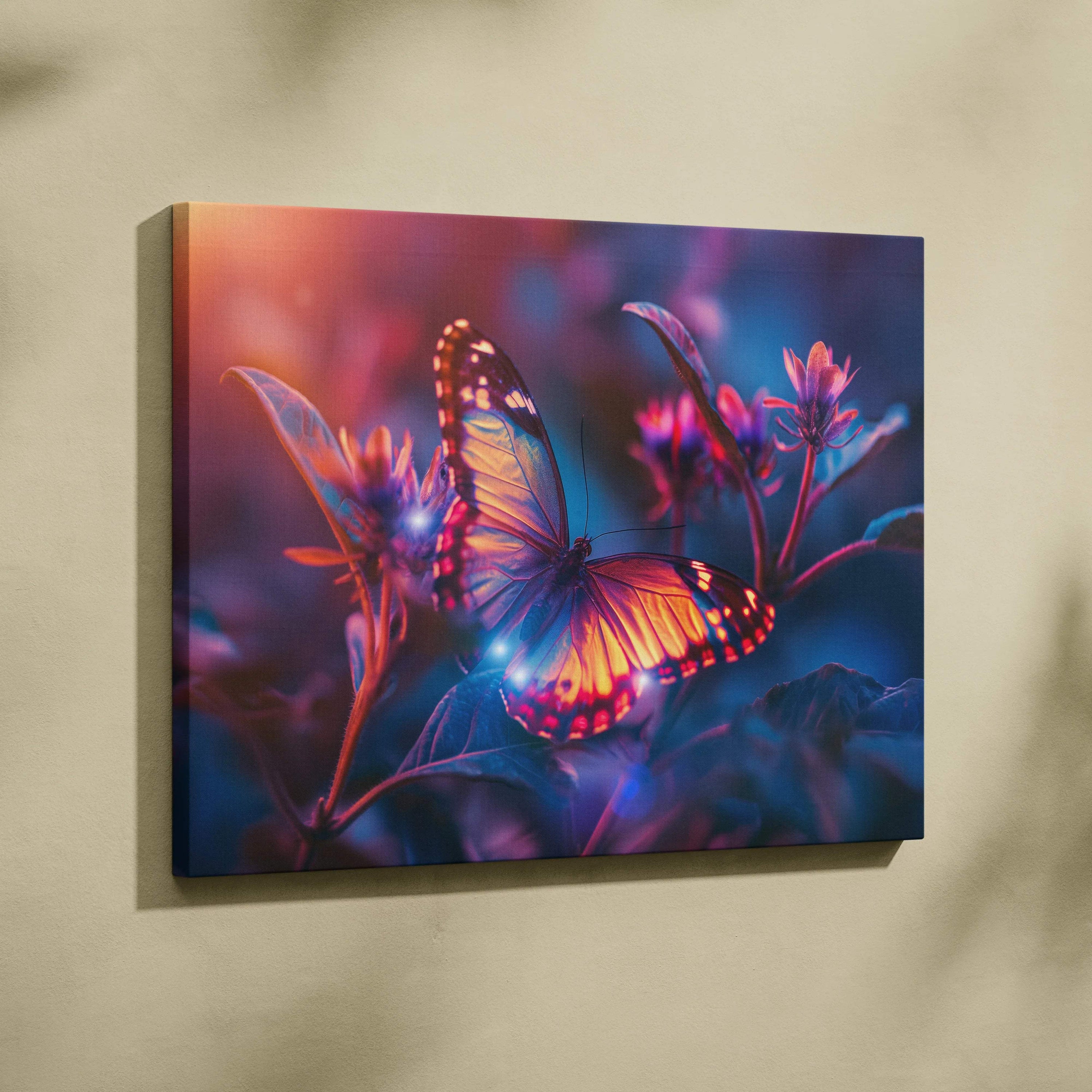 Vibrant orange blue glowing butterfly canvas wall art with neon floral backdrop