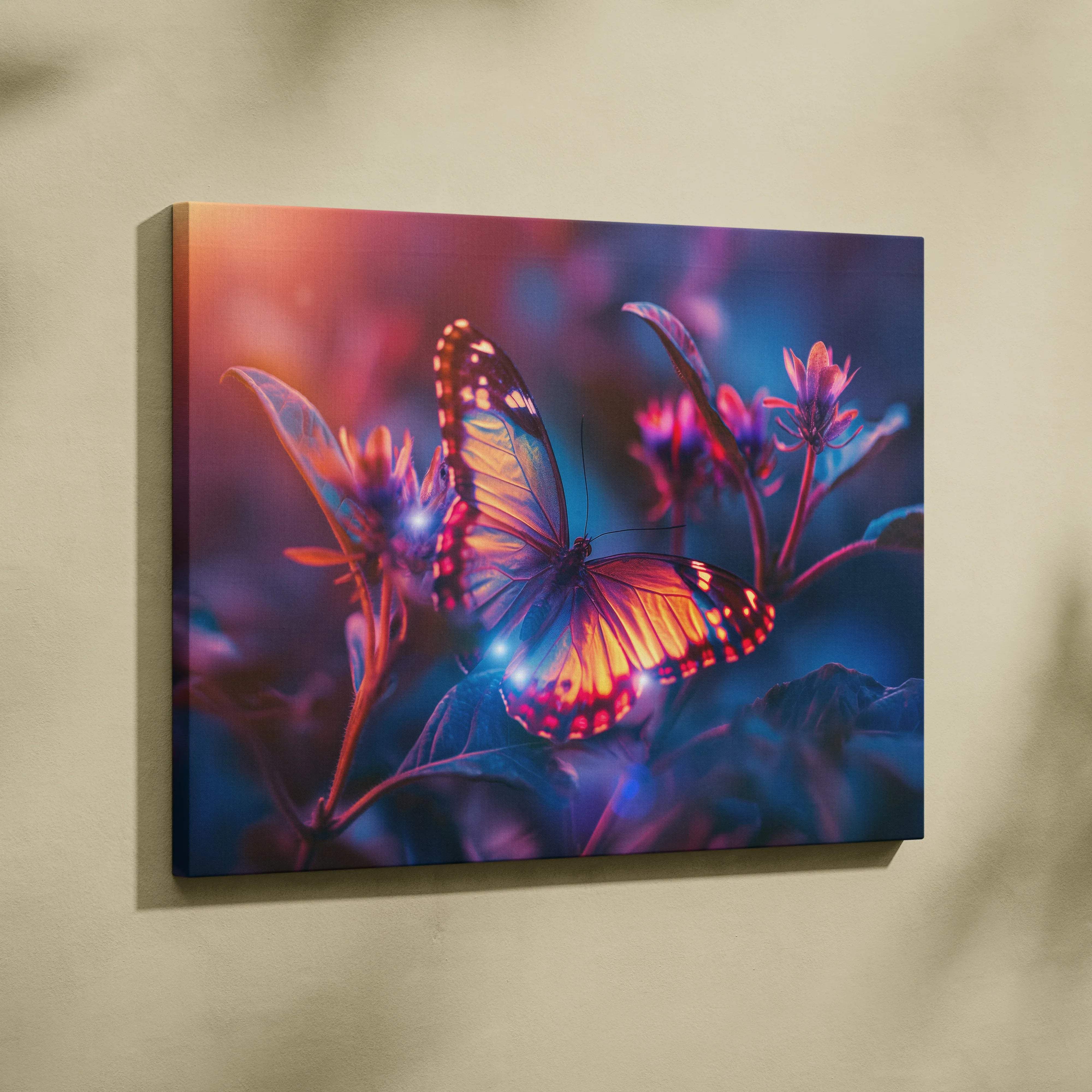 Vibrant orange blue glowing butterfly canvas wall art with neon floral backdrop