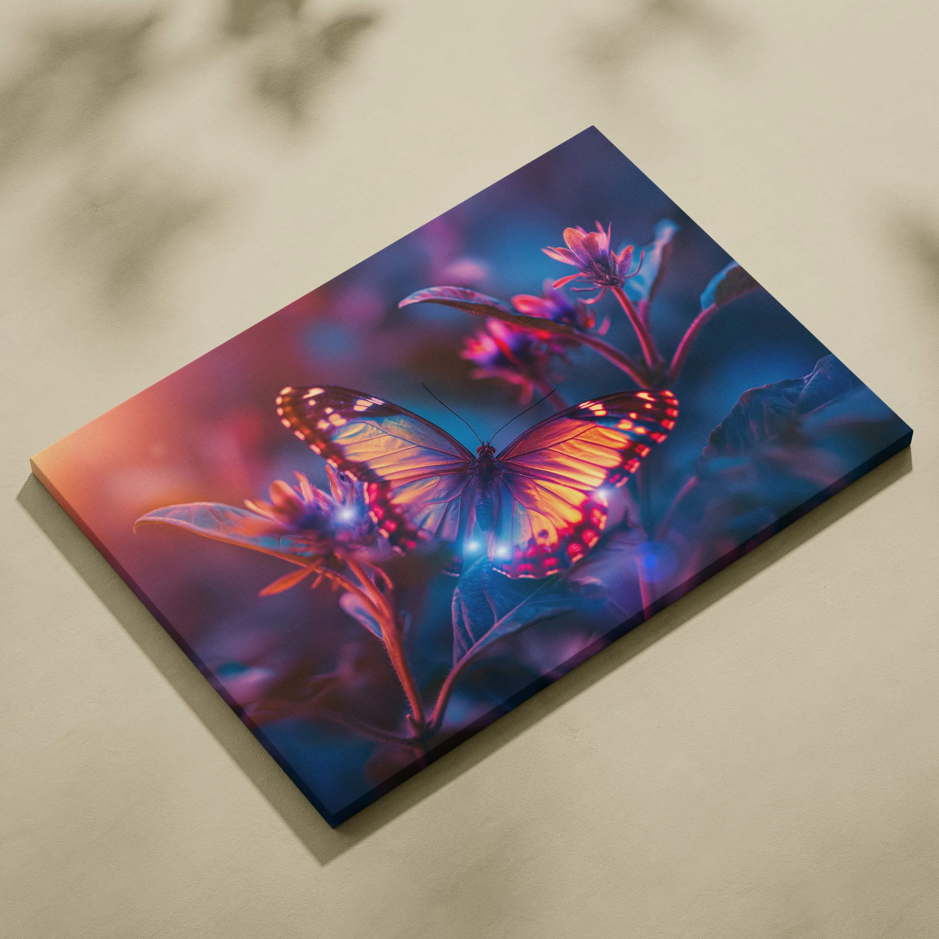 Vibrant glowing butterfly canvas wall art with orange purple wings on blossoms