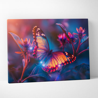 Vibrant orange blue glowing butterfly canvas wall art with neon floral backdrop