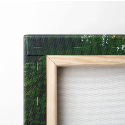 Close-up of wooden frame corner on forest-themed canvas wall art with green tree decor pattern.