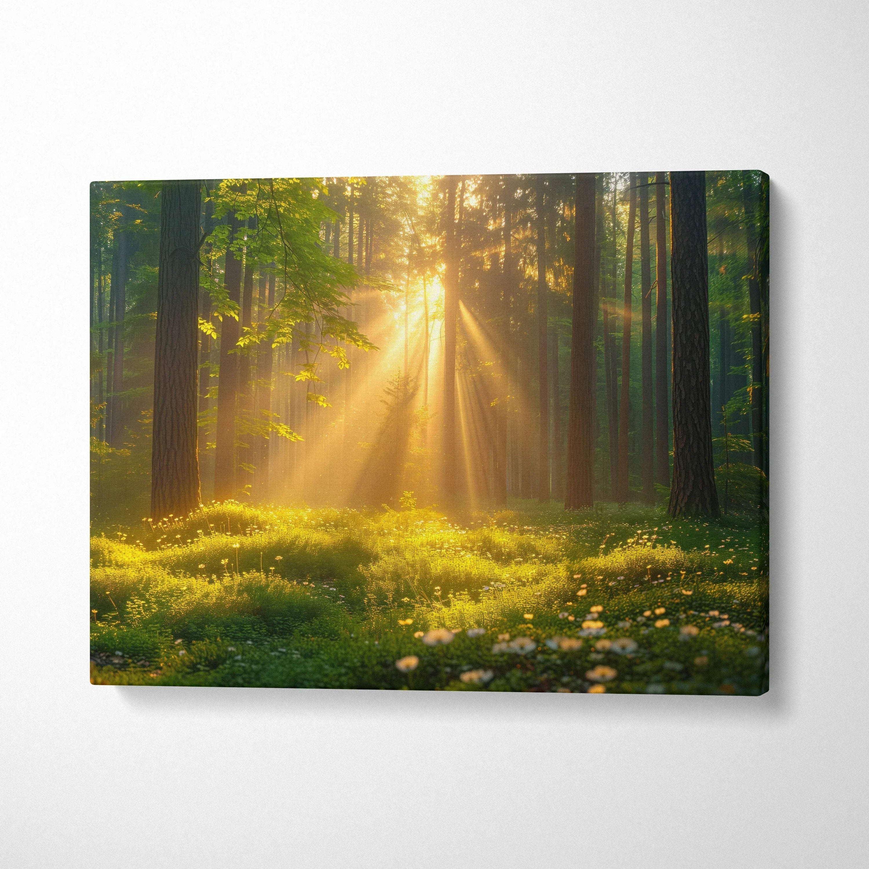 Forest scene canvas wall art with sunrays filtering through tall trees and green foliage decor.