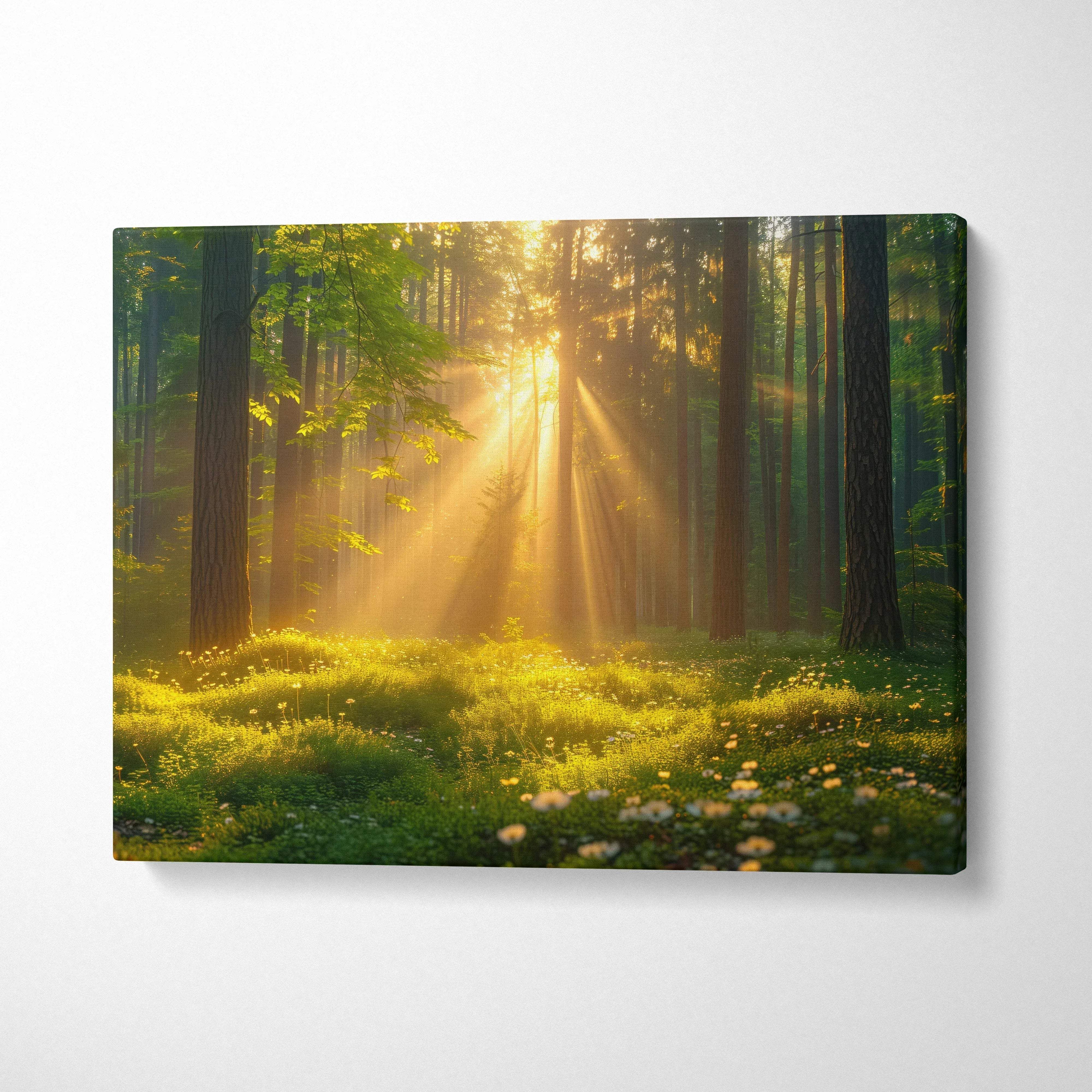 Forest scene canvas wall art with sunrays filtering through tall trees and green foliage decor.