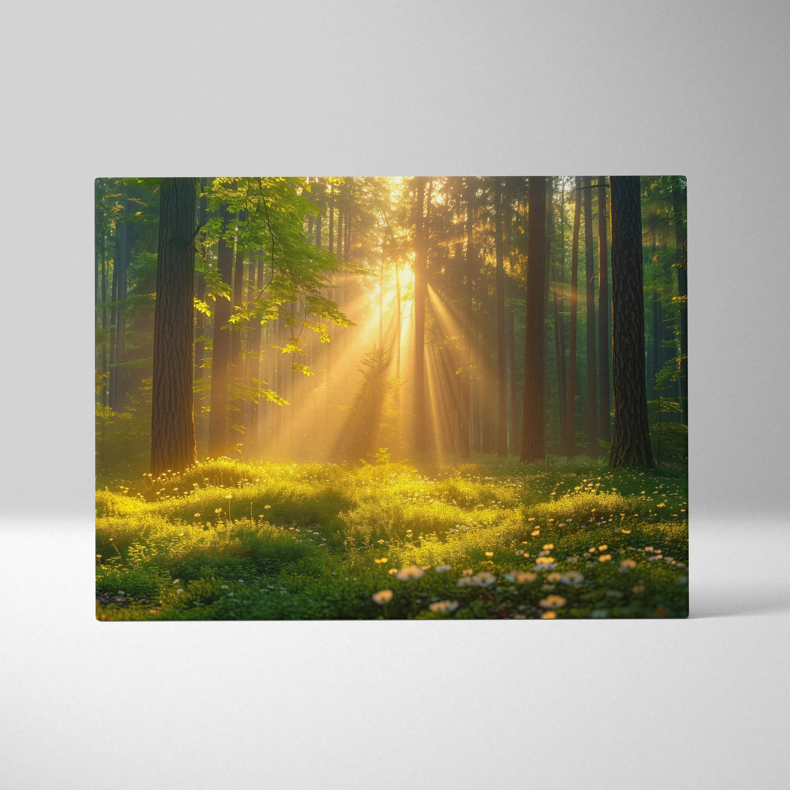 Canvas wall art featuring sunrays filtering through a dense forest with lush greenery and wildflowers.