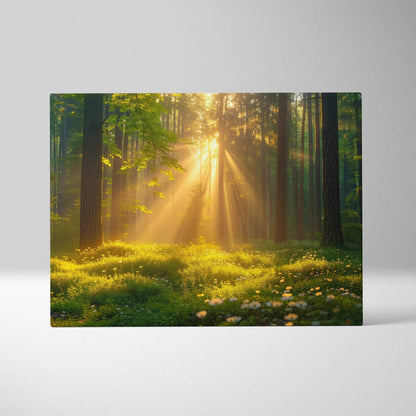 Canvas wall art featuring sunrays filtering through a dense forest with lush greenery and wildflowers.