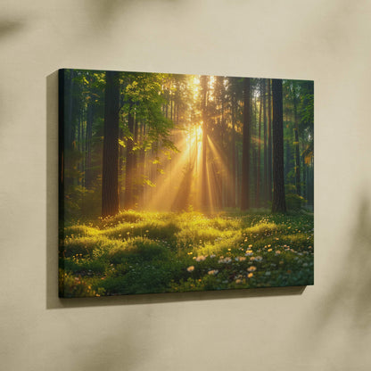 Forest scene canvas wall art with sunrays filtering through tall trees and lush green foliage decor.