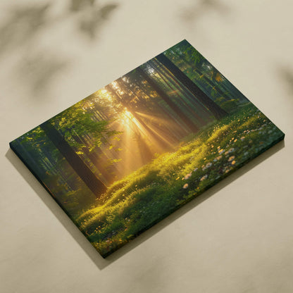 Forest canvas wall art with sunrays filtering through tall trees, lush green foliage decor.