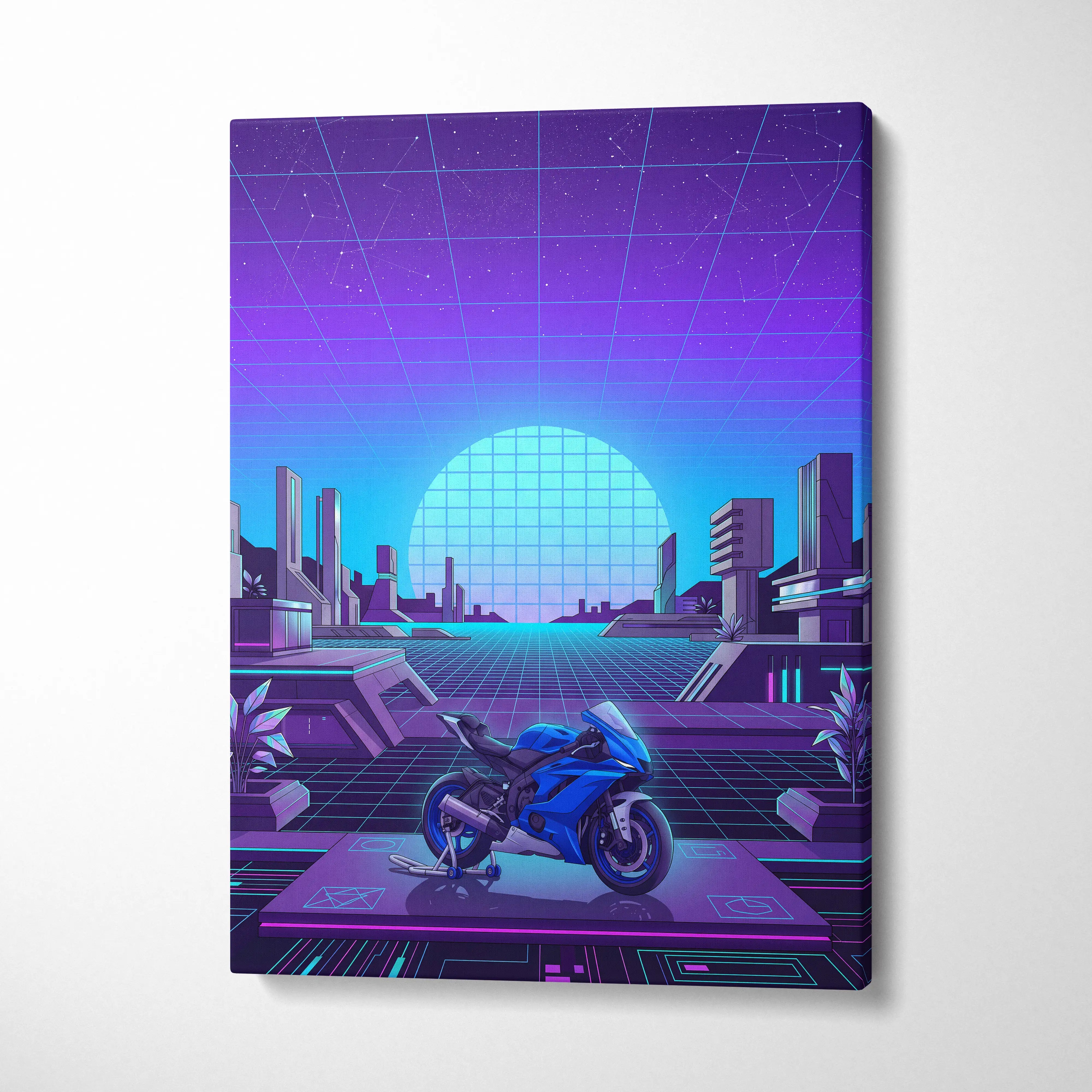 Yamaha YZF-R6 Inspired Blue Purple Motorcycle Canvas Wall Art Vaporwave Neon Futuristic Garage Decor Cyberpunk Sportbike Artwork