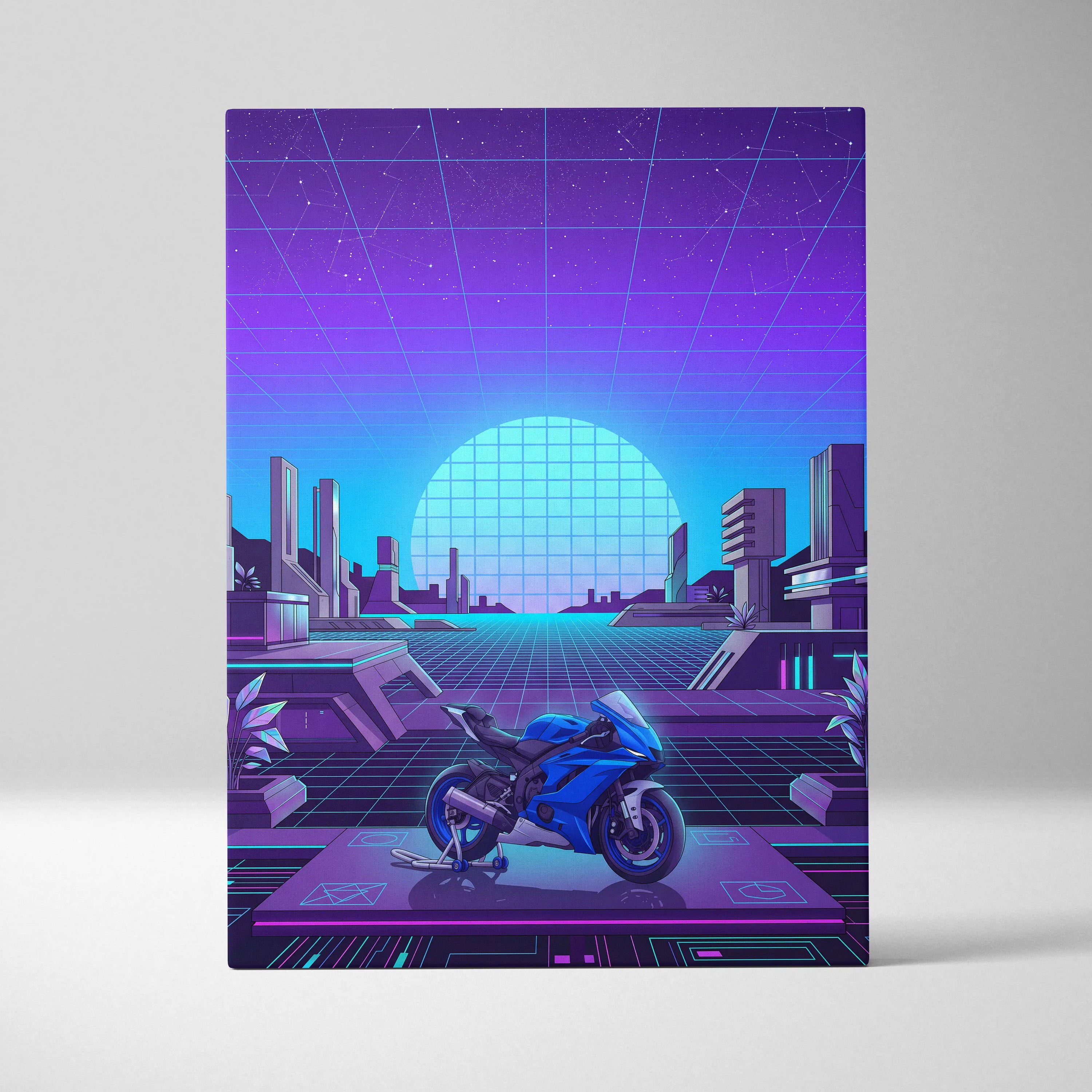 Yamaha YZF-R6 Inspired Blue Purple Motorcycle Canvas Wall Art Vaporwave Neon Futuristic Garage Decor Cyberpunk Sportbike Artwork