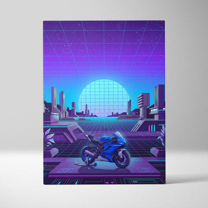Yamaha YZF-R6 Inspired Blue Purple Motorcycle Canvas Wall Art Vaporwave Neon Futuristic Garage Decor Cyberpunk Sportbike Artwork