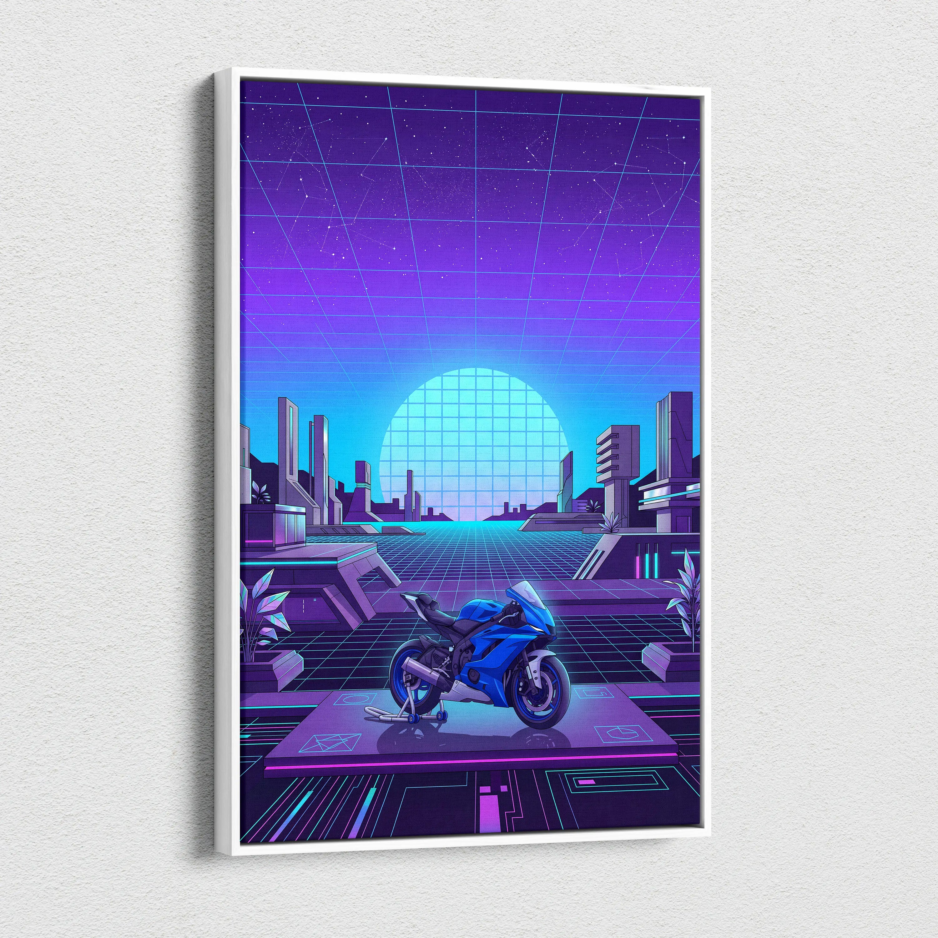 Yamaha YZF-R6 Inspired Blue Purple Motorcycle Canvas Wall Art Vaporwave Neon Futuristic Garage Decor Cyberpunk Sportbike Artwork