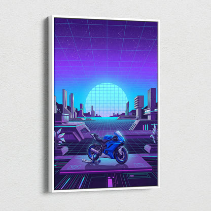 Yamaha YZF-R6 Inspired Blue Purple Motorcycle Canvas Wall Art Vaporwave Neon Futuristic Garage Decor Cyberpunk Sportbike Artwork