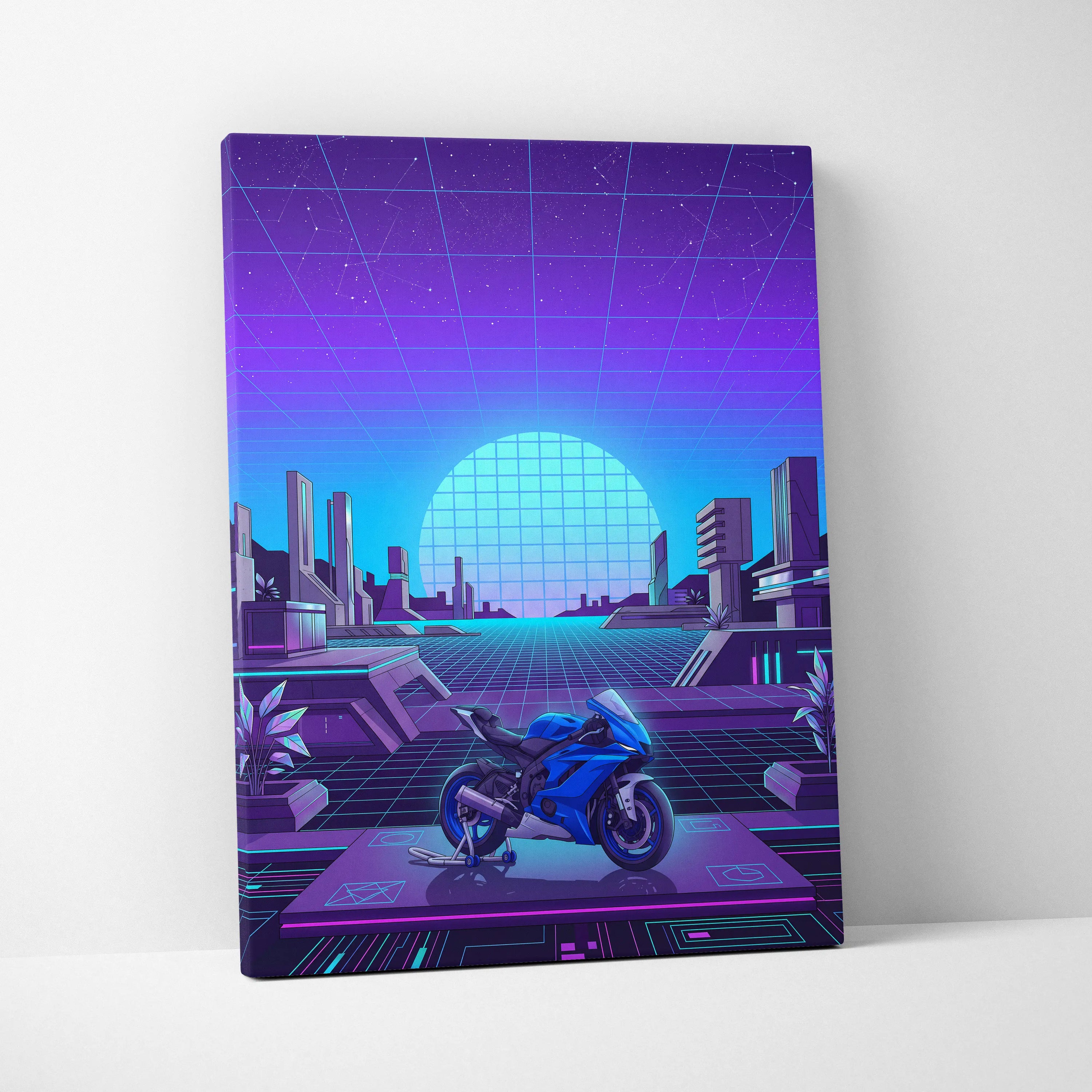 Yamaha YZF-R6 Inspired Blue Purple Motorcycle Canvas Wall Art Vaporwave Neon Futuristic Garage Decor Cyberpunk Sportbike Artwork