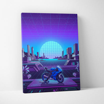 Yamaha YZF-R6 Inspired Blue Purple Motorcycle Canvas Wall Art Vaporwave Neon Futuristic Garage Decor Cyberpunk Sportbike Artwork