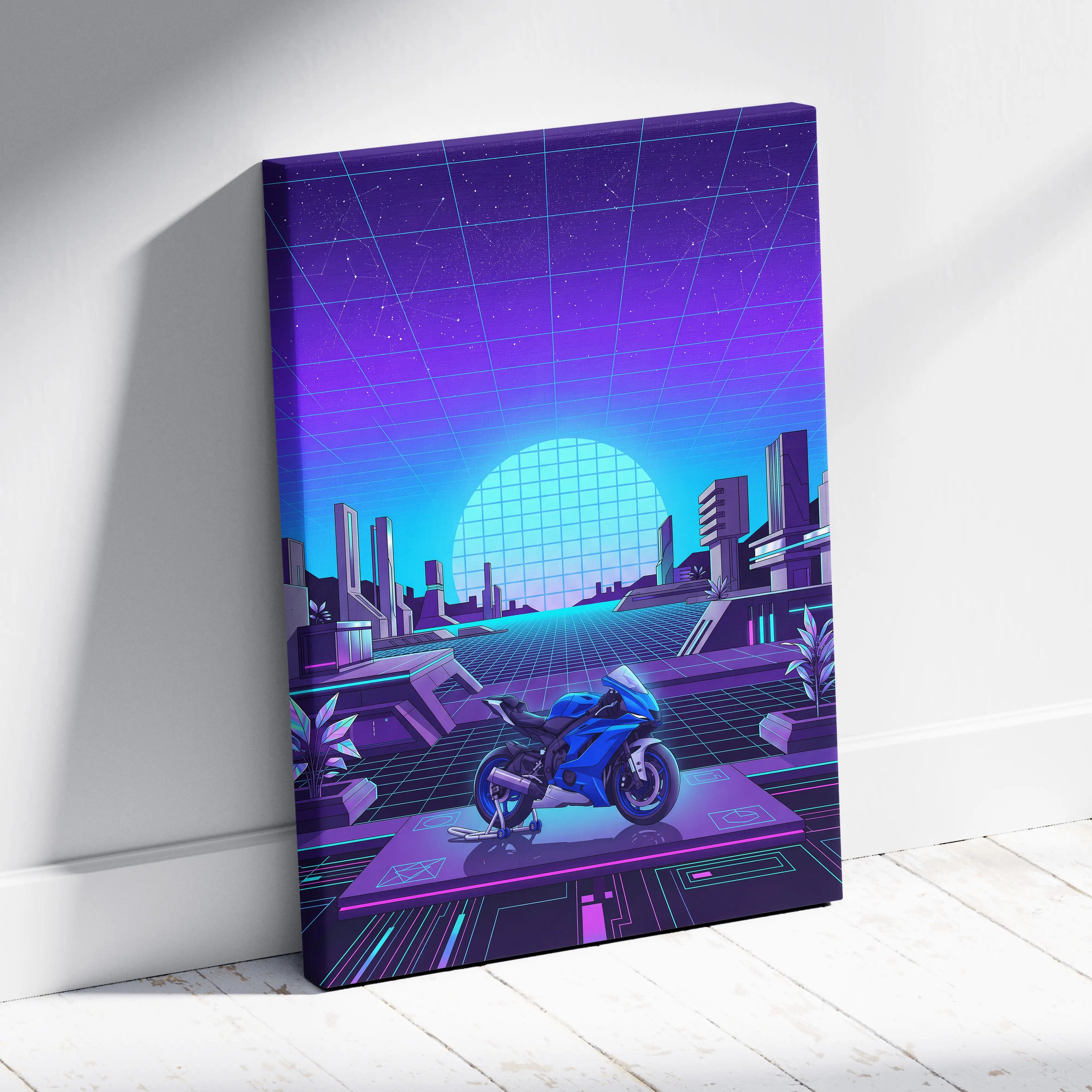 Yamaha YZF-R6 Inspired Blue Purple Motorcycle Canvas Wall Art Vaporwave Neon Futuristic Garage Decor Cyberpunk Sportbike Artwork