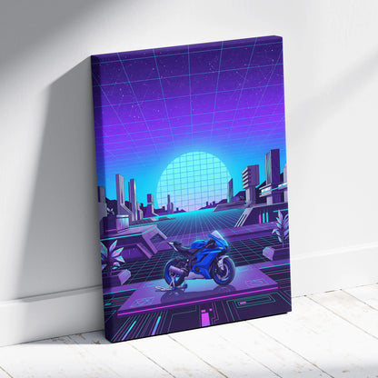 Yamaha YZF-R6 Inspired Blue Purple Motorcycle Canvas Wall Art Vaporwave Neon Futuristic Garage Decor Cyberpunk Sportbike Artwork