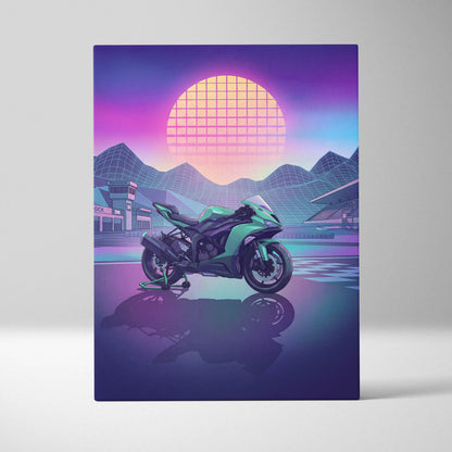 Kawasaki Ninja ZX-6R Inspired Green Purple Vaporwave Motorcycle Canvas Wall Art Neon Track Sportbike Artwork Retro Futuristic Garage Decor
