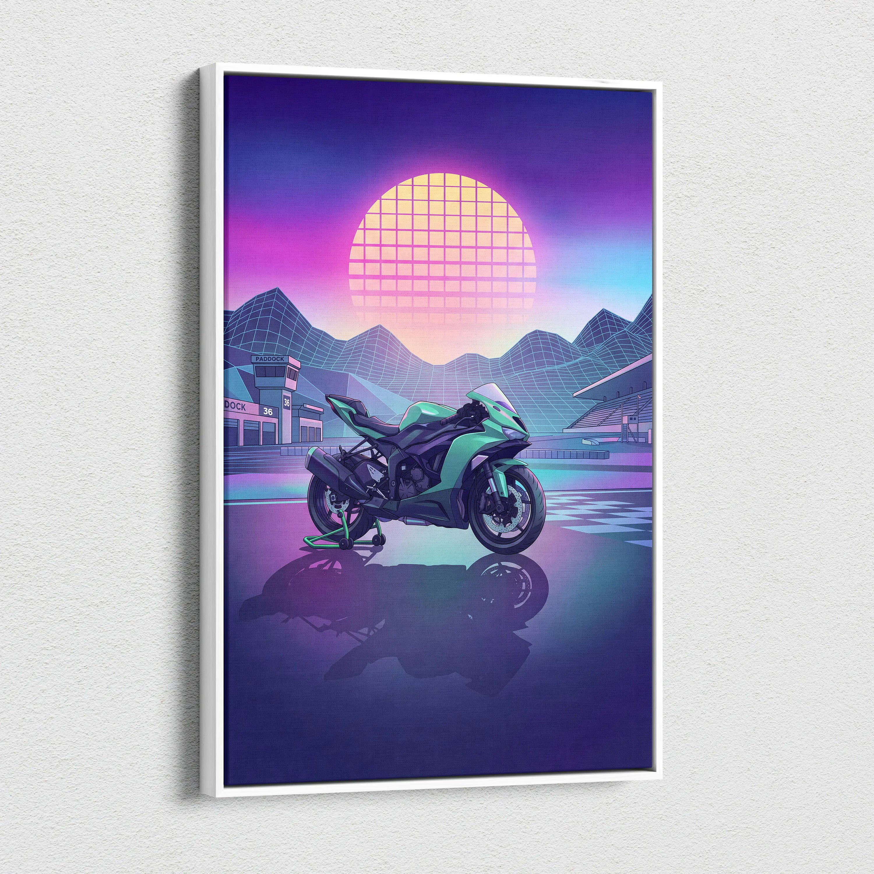 Kawasaki Ninja ZX-6R Inspired Green Purple Vaporwave Motorcycle Canvas Wall Art Neon Track Sportbike Artwork Retro Futuristic Garage Decor