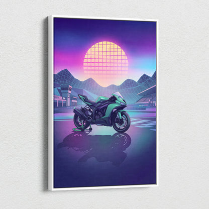 Kawasaki Ninja ZX-6R Inspired Green Purple Vaporwave Motorcycle Canvas Wall Art Neon Track Sportbike Artwork Retro Futuristic Garage Decor