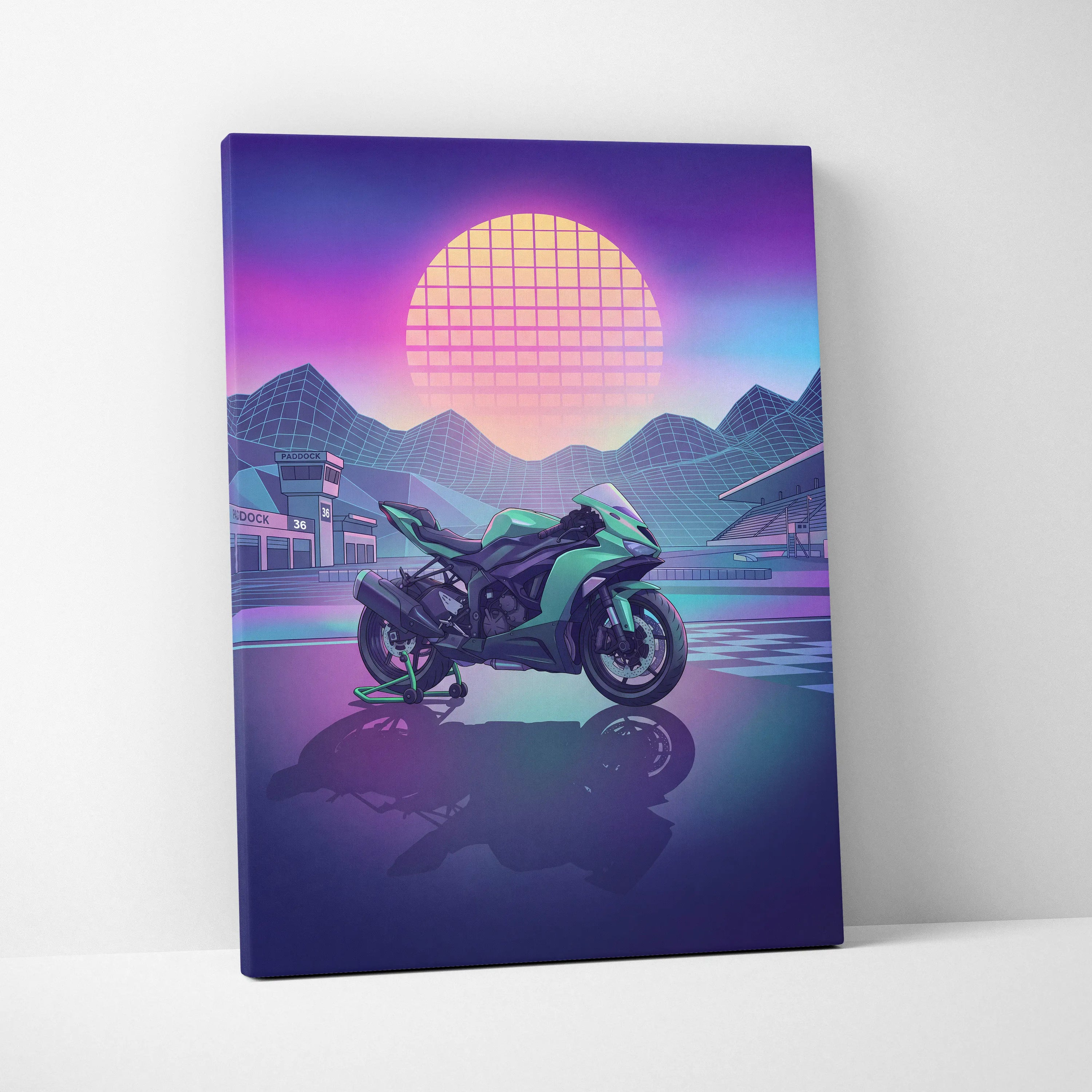 Kawasaki Ninja ZX-6R Inspired Green Purple Vaporwave Motorcycle Canvas Wall Art Neon Track Sportbike Artwork Retro Futuristic Garage Decor