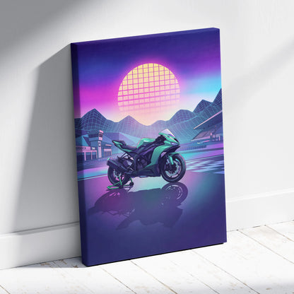 Kawasaki Ninja ZX-6R Inspired Green Purple Vaporwave Motorcycle Canvas Wall Art Neon Track Sportbike Artwork Retro Futuristic Garage Decor