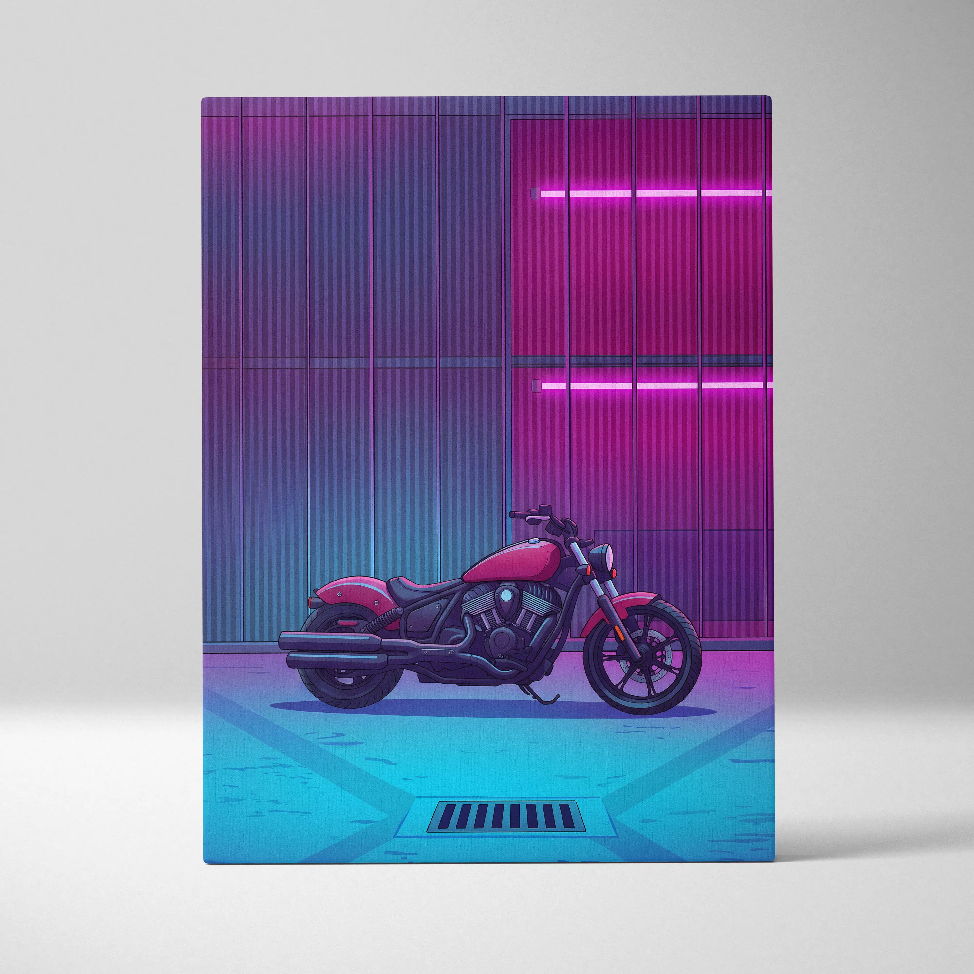 Indian Scout Inspired Pink Cyan Motorcycle Canvas Wall Art Vaporwave Neon Cruiser Garage Decor Retro Futuristic Urban Bike Artwork