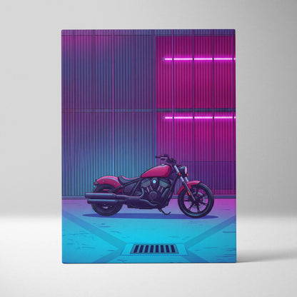 Indian Scout Inspired Pink Cyan Motorcycle Canvas Wall Art Vaporwave Neon Cruiser Garage Decor Retro Futuristic Urban Bike Artwork