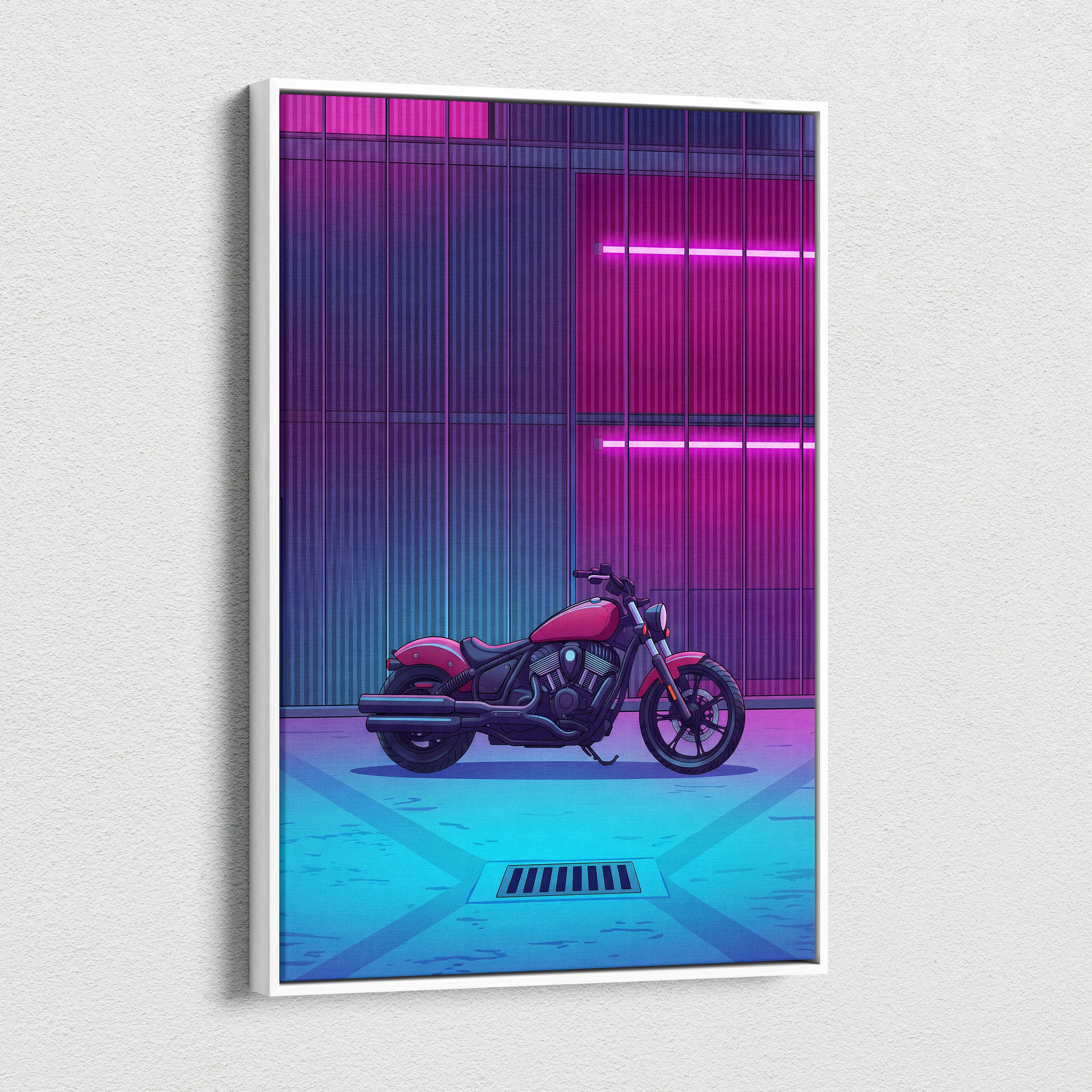Indian Scout Inspired Pink Cyan Motorcycle Canvas Wall Art Vaporwave Neon Cruiser Garage Decor Retro Futuristic Urban Bike Artwork