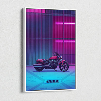 Indian Scout Inspired Pink Cyan Motorcycle Canvas Wall Art Vaporwave Neon Cruiser Garage Decor Retro Futuristic Urban Bike Artwork