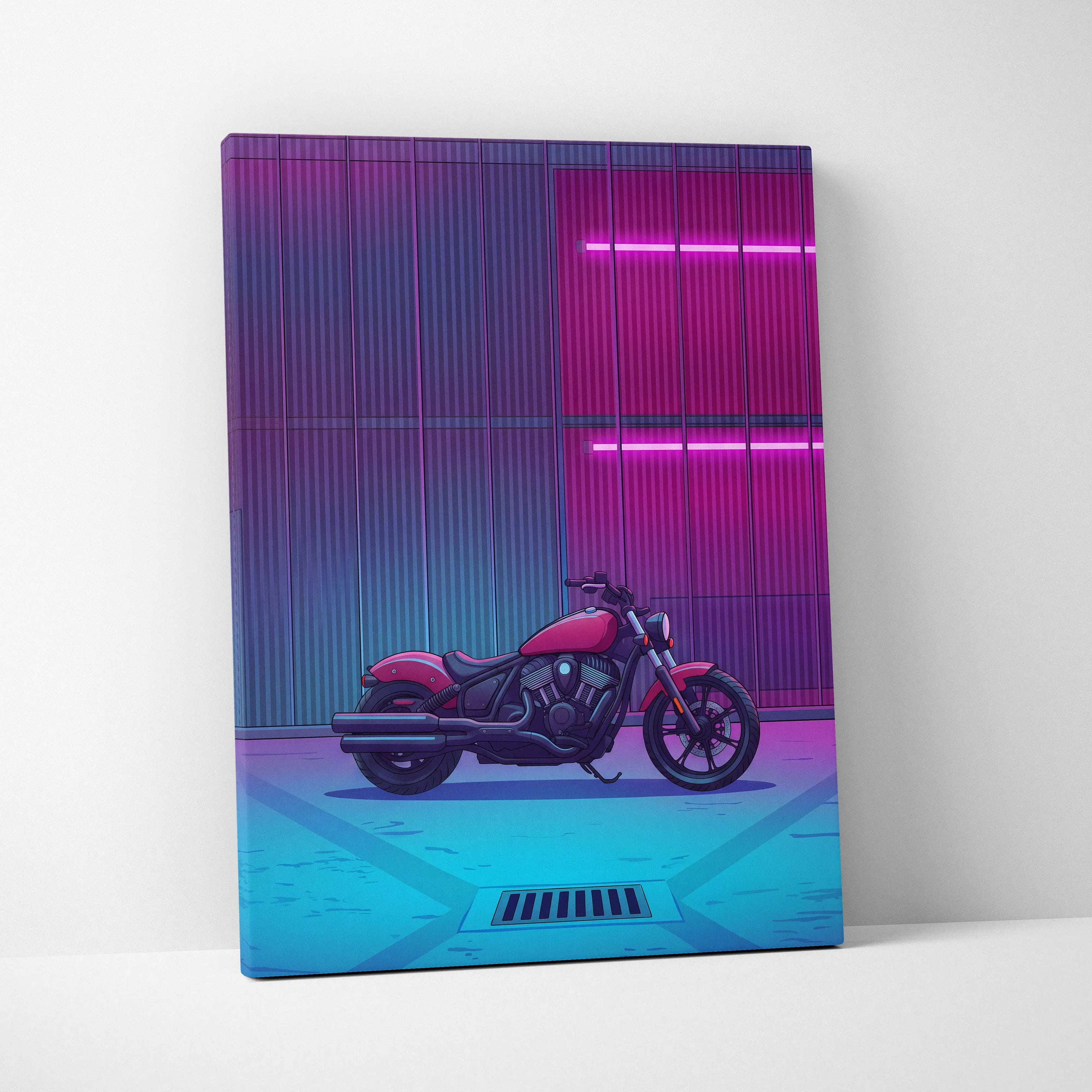Indian Scout Inspired Pink Cyan Motorcycle Canvas Wall Art Vaporwave Neon Cruiser Garage Decor Retro Futuristic Urban Bike Artwork