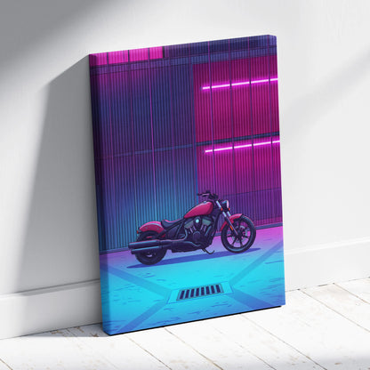 Indian Scout Inspired Pink Cyan Motorcycle Canvas Wall Art Vaporwave Neon Cruiser Garage Decor Retro Futuristic Urban Bike Artwork