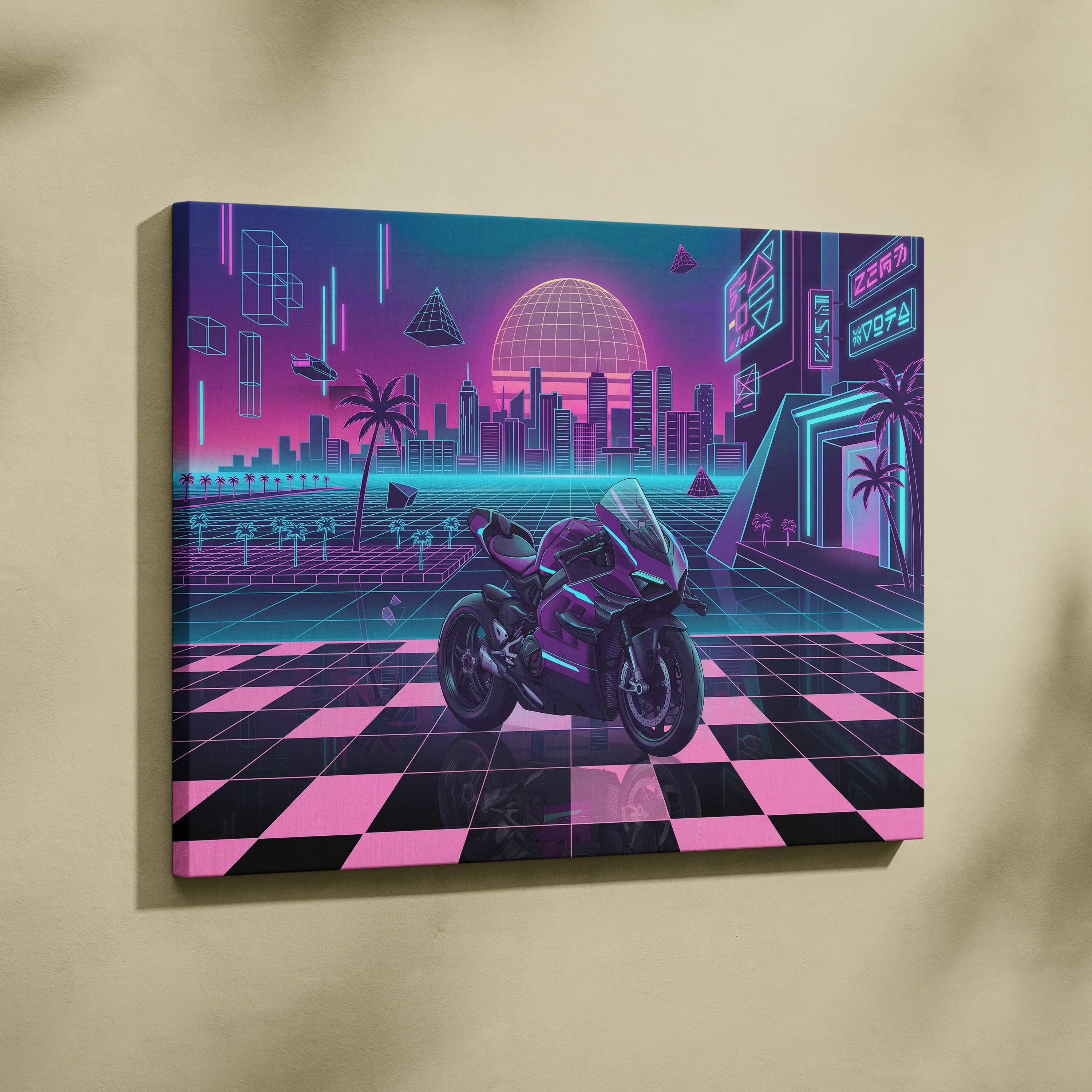 Ducati Panigale V4 Superleggera Inspired Purple Pink Motorcycle Canvas Wall Art Vaporwave Neon City Superbike Artwork for Garage Decor Retro Futuristic Print