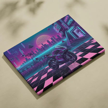 Ducati Panigale V4 Superleggera Inspired Purple Pink Motorcycle Canvas Wall Art Vaporwave Neon City Superbike Artwork for Garage Decor Retro Futuristic Print